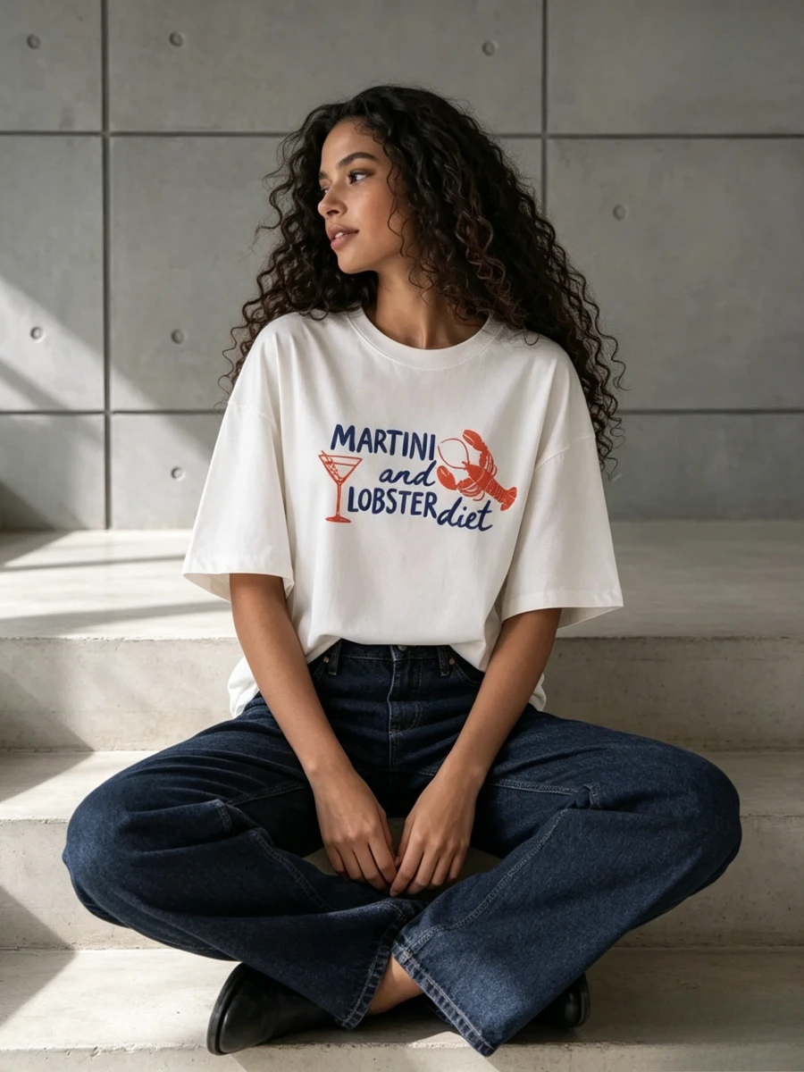 American Summer Marine Lobster Ins Printed Women Casual T-shirt Short Fashionable Y2k Personality Round Neck Comfortable T-shirt
