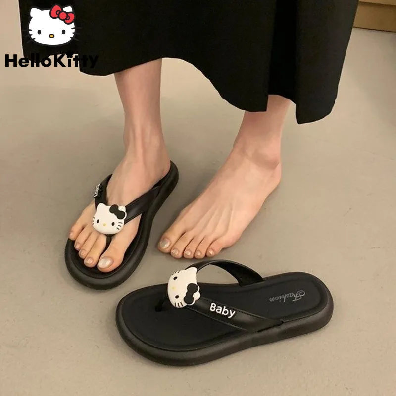 Sanrio Hello Kitty  Women\'s Summer Cartoon Cute Flip Flops Korean Style Soft Non-slip Slippers Y2k Girl Fashion Outdoor Slippers