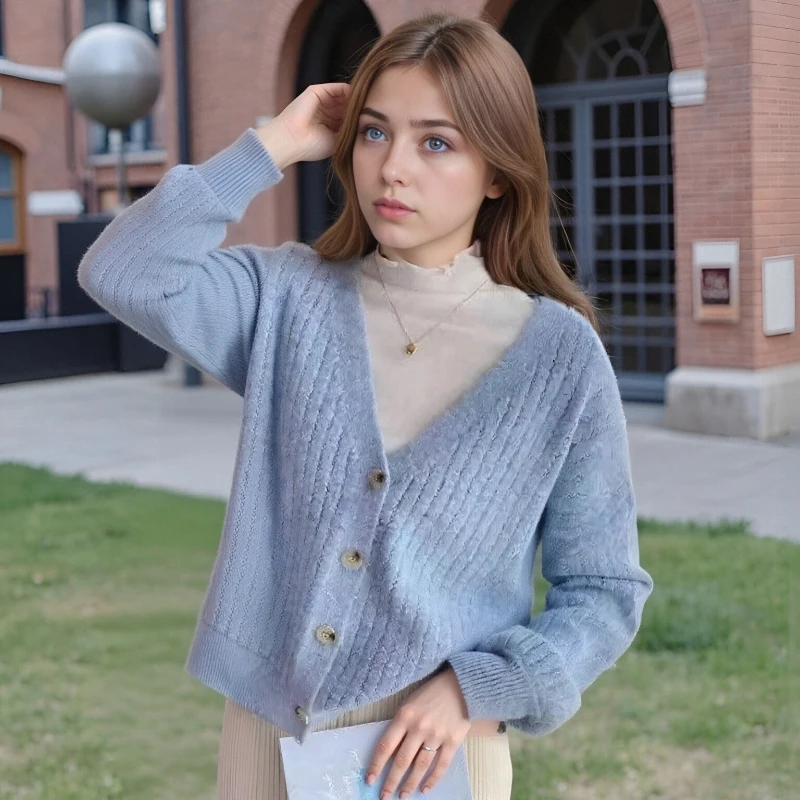 

Осень 2024, новая мода, свободная вязаная куртка, универсальные однотонные повседневные пальто, элегантный офисный женский кардиган с v-образным вырезом, женский свитер