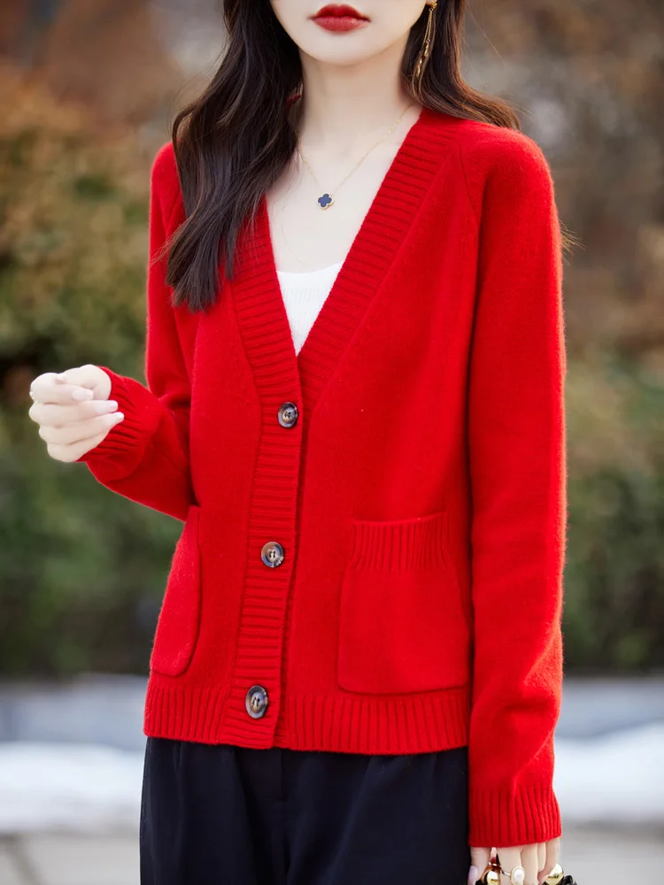 2024 New Spring Fashion Women 100% Merino Wool Cashmere Sweater  V-neck Cardigan Buttons Lazy Temperament Knitwear  Top Coat