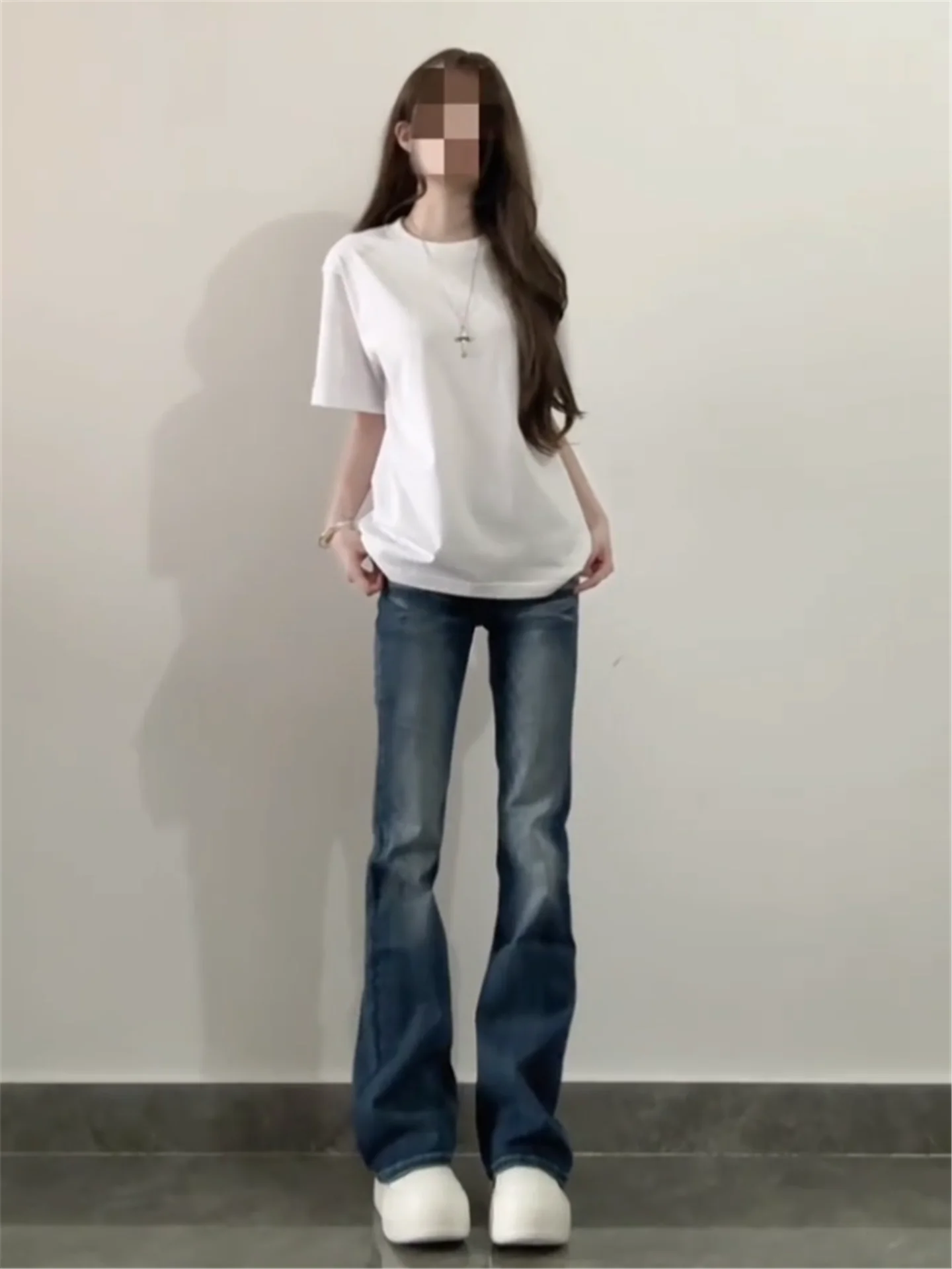 

Retro Blue Bell Bottom Jeans Women's Slimming Long Washed Casual Cotton Denim Pants Spring Fashion High Waist Wide Leg Jeans