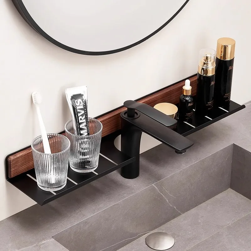 Walnut Pattern Drill-free Bathroom Suction Shelf - No-drill Storage Rack for Mirror Front Faucet Vanity Sink