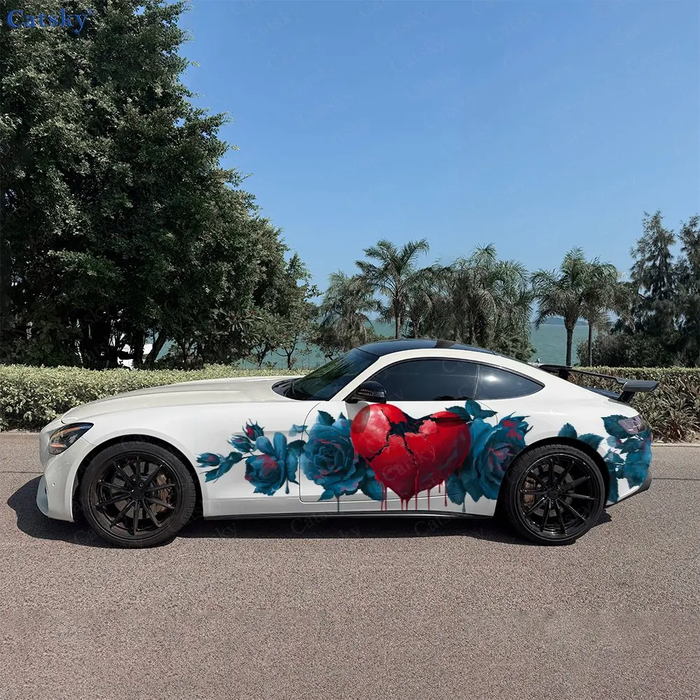 2pcs Dripping Heart With Teal Roses Car Side Wrap, Self-Adhesive PVC Waterproof & Scratch-Resistant Stickers, Car Accessory Gift
