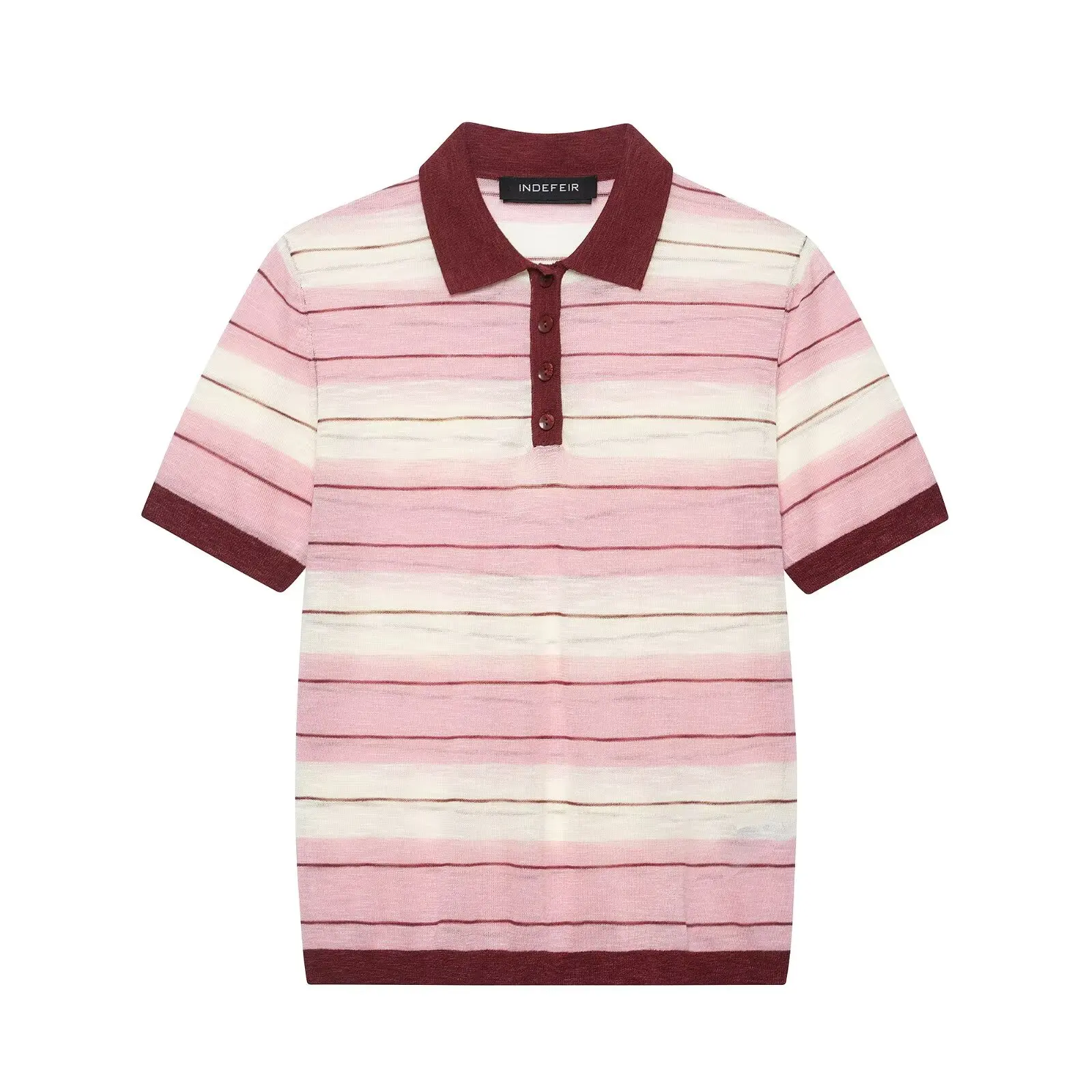 BSAY Elegantes, gestreiftes Strick-Polo-Top für Damen mit Farbblock-Design, kontrastierendem burgunderrotem Kragen, kurzen Ärmeln und halbem Knopfverschluss, Sommer-T-Shirt für den Alltag – Detail 2