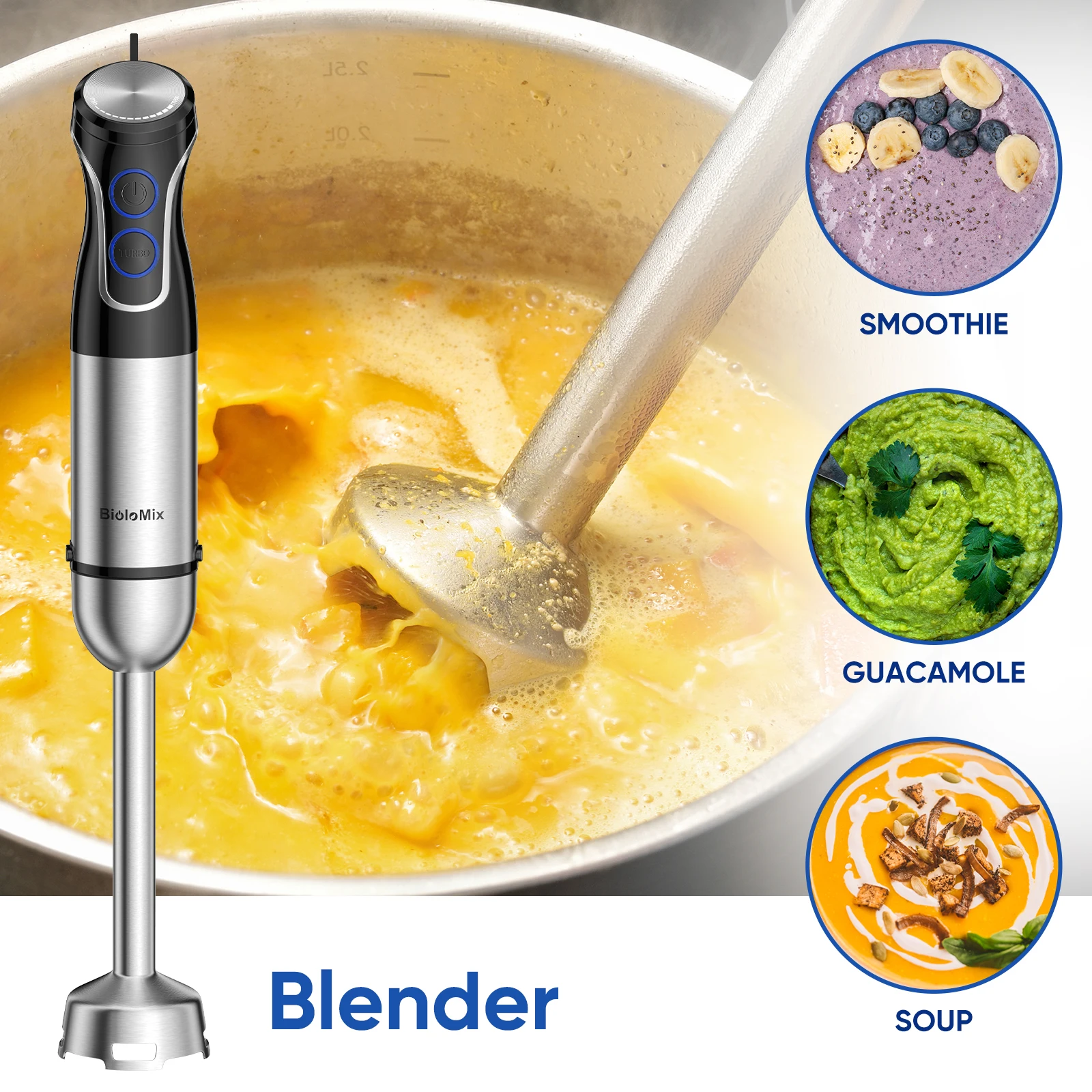 BioloMix 5 w 1 zanurzeniowy blender ręczny, blender 1500 W z ostrzem ze stali nierdzewnej 304, robot kuchenny, koktajle Puree żywność dla dzieci