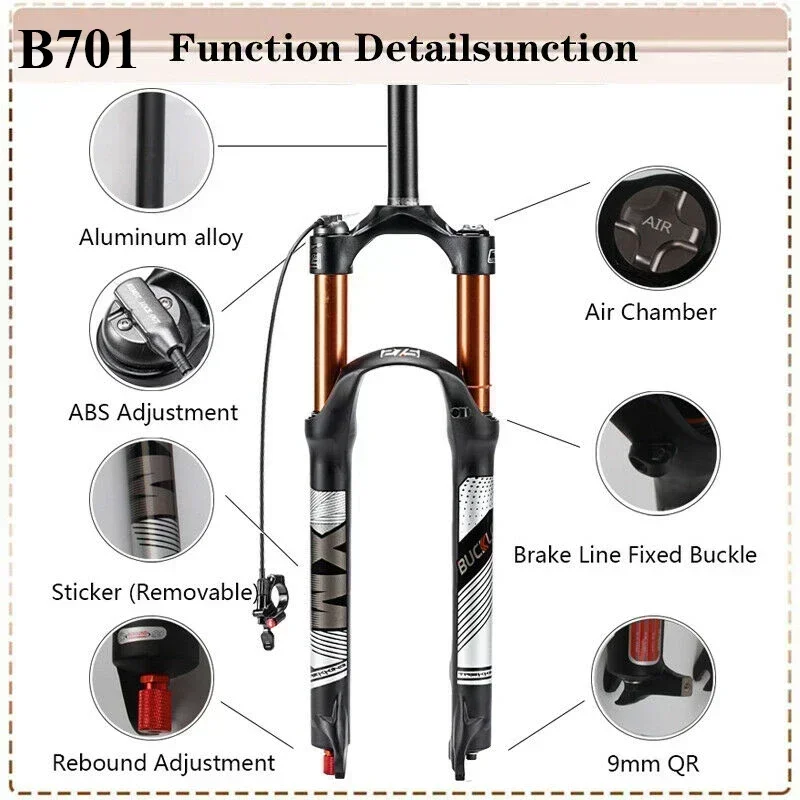 BUCKLOS 26/27.5/29er fourche vtt 120mm 140mm fourche à Suspension pneumatique de vélo droite/conique fourche de VTT dégagement rapide RL/LO