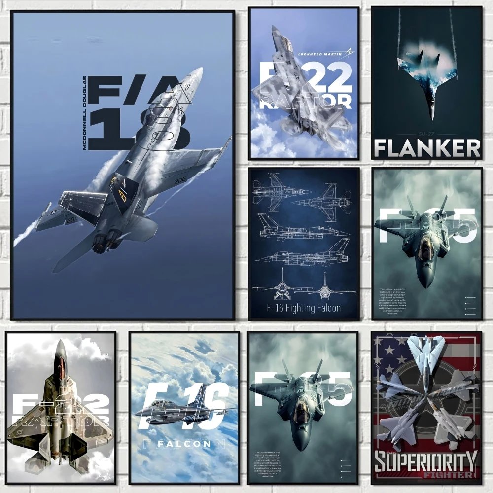American Fighter F-16 F-22 F-35 Painting Calligraphy Eco-Friendly Cotton Canvas Poster  Waterproof Wall Art for Home Decor Gift