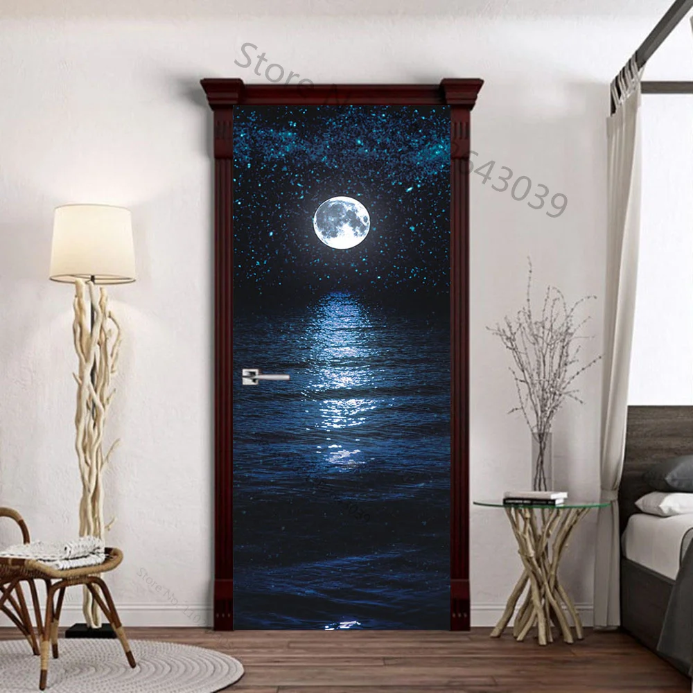 Moon Door Sticker PVC 3D DIY Self-Adhesive Waterfall Sunshine Forest Wallpaper Living Room Art Poster Mural Lake Stickers Home