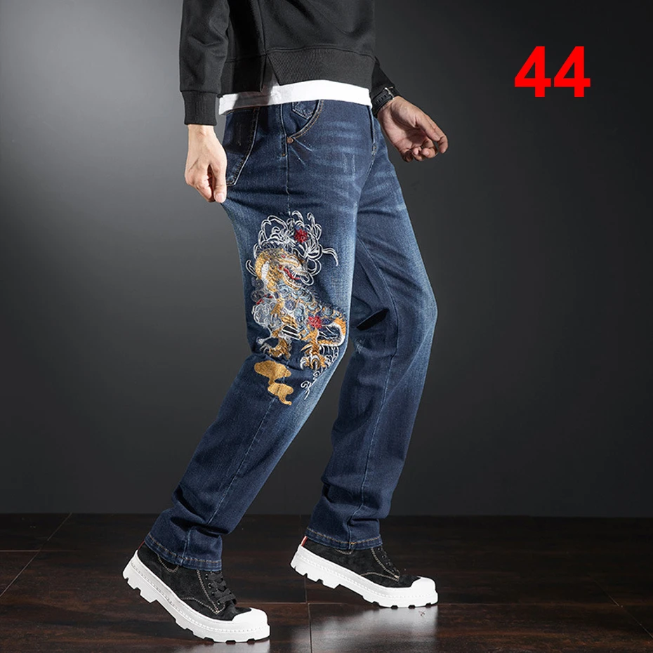 Denim Pants Men Plus Size Jeans Vintage Dragon Embroidered Jeans Fashion Casual Straight Pants Male Big Size Jeans