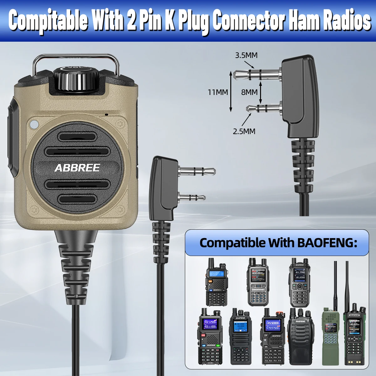 ABBREE AR-158 Speaker Mic Long Standby Volume Adjustable Clear Sound Compatible with Baofeng UV-5R Mini UV-5RH K Type Ham Radio