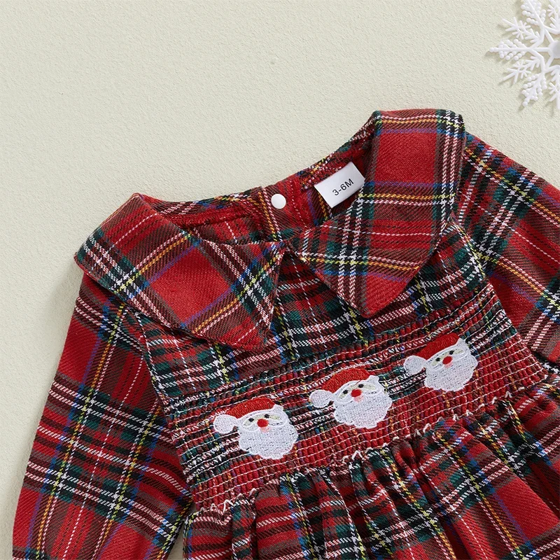 Baby Girls Christmas Rompers Red Santa Claus Embroidery Plaid Elastic Waist Jumpsuits Playsuits Newborn Xmas Clothes Costume