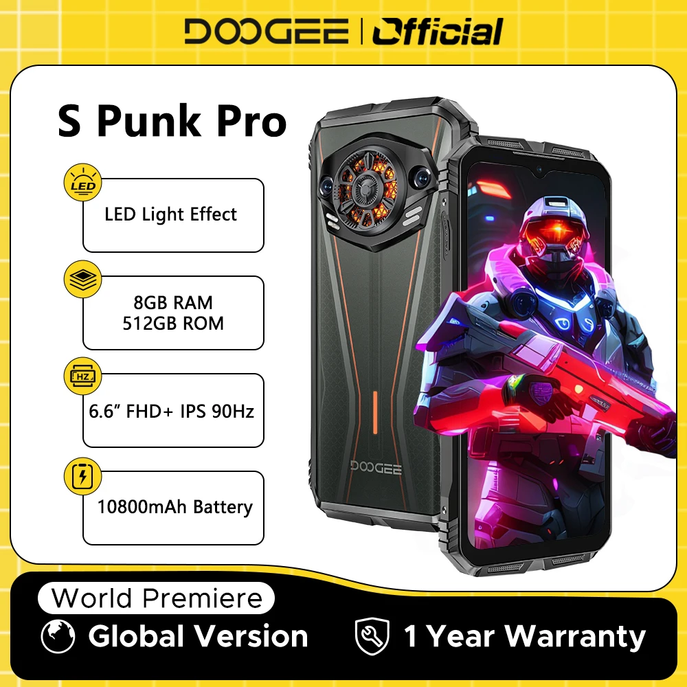 DOOGEE S 펑크 프로 러기드 휴대폰 LED 조명 효과, 글로벌 버전, 안드로이드 14, NFC, 8GB RAM, 512GB ROM, 6.6 인치 FHD + 90Hz, 10800mAh 배터리