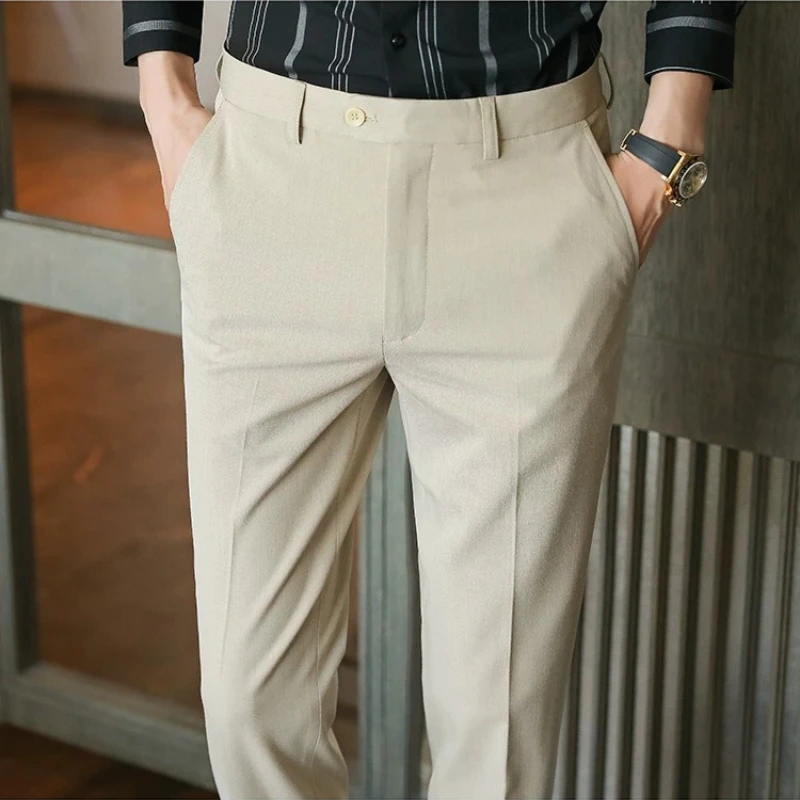 Navy Blue Mid Rise Slim Straight Trousers for Men,High End Business Casual Dress Pants for Office Meeting Daily Gentleman Wear