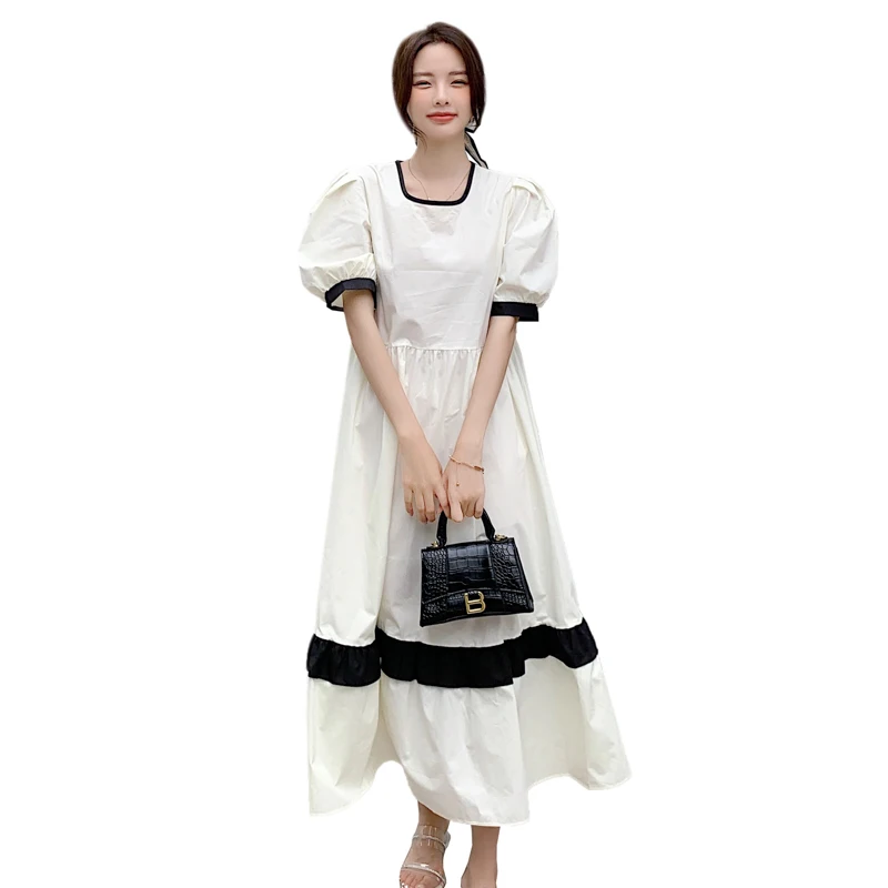 Korean Style Maternity Vintage Dress Short Sleeve Square Collar Block Color Patchwork Pregnant Woman Cotton Linen Dress Loose