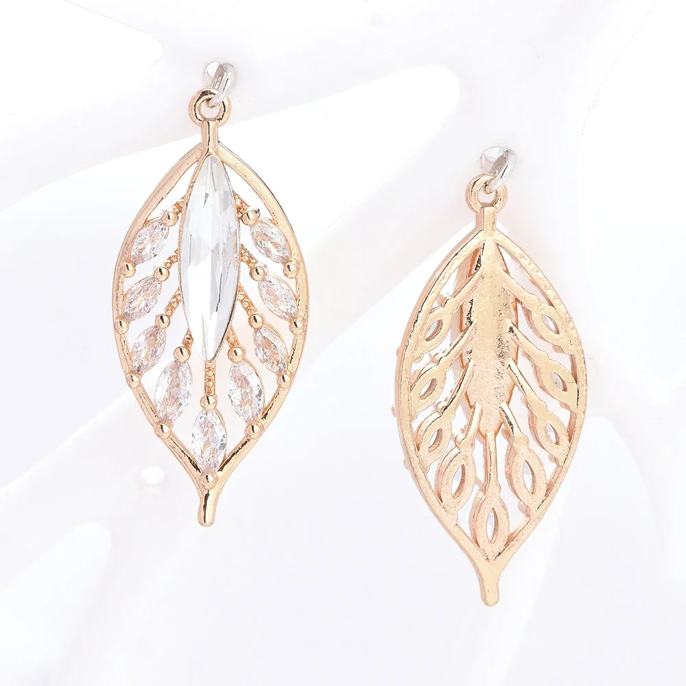 (8927) 6PCS 14x31MM Champagne Gold Color Brass with Zircon Leaf Shaped Pendants High Quality DIY Jewelry Making Findings