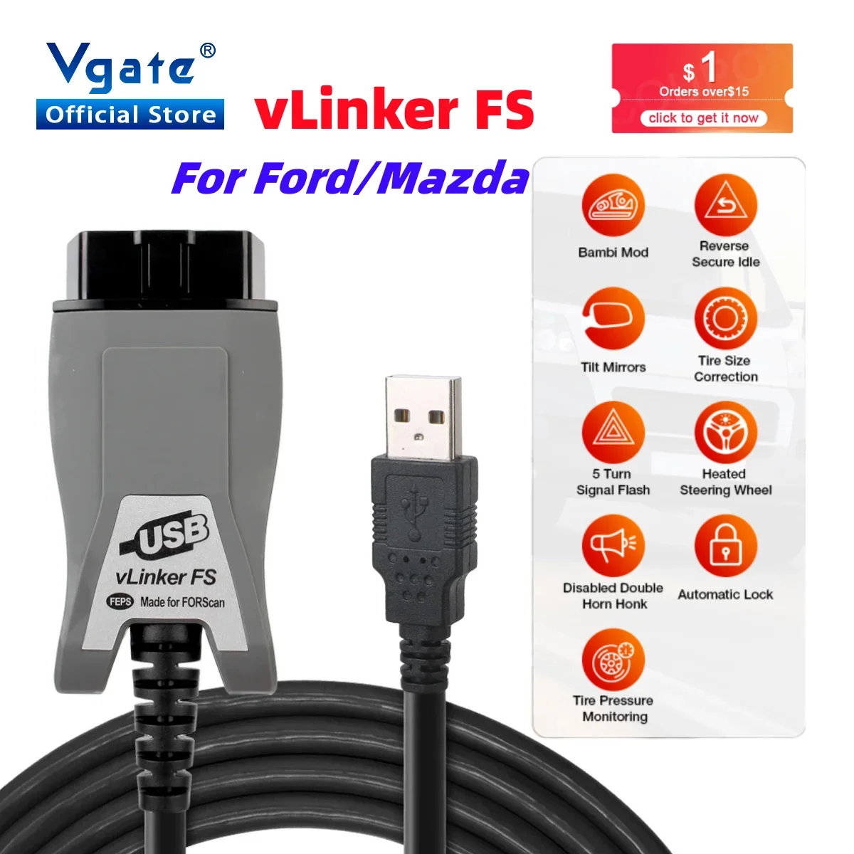 Vgate vLinker FS ELM327 HS/MS-CAN For Ford FORScan ELM 327 OBD 2 OBD2 Car Diagnostic Scanner Interface Tools OBDII For Mazda