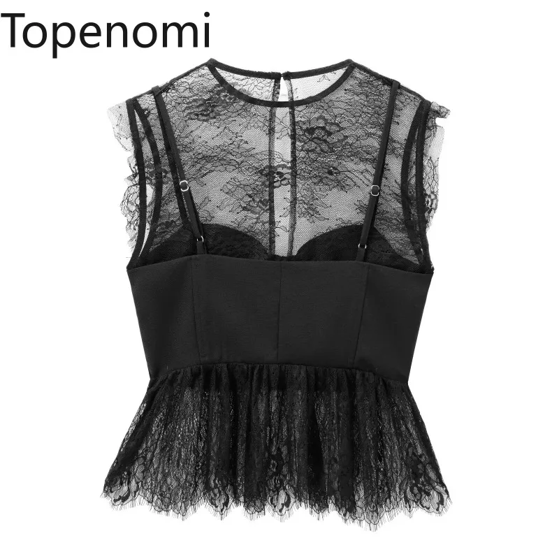 Topenomi Lace Sleeveless Crop Top Women 2025 New Sexy Round Neck Slim Fit Y2k Blouse Korean Temperament Nightclub Shirt Blusas