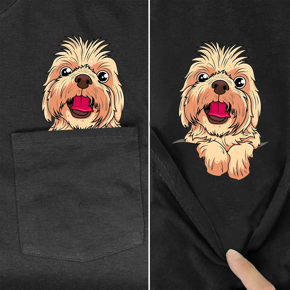 CLOOCL Black Cotton T-shirts Fashion Brand Shih Tzu Art Printed Pocket Tops Hip Hop Tees Short Sleeve Woman Tshirts