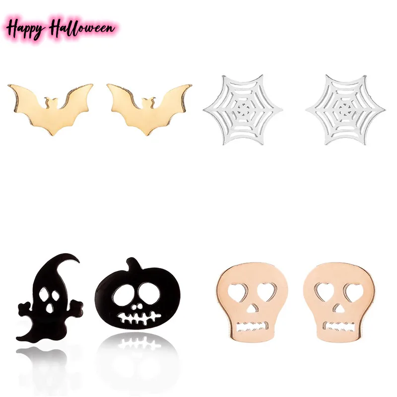 Funny Halloween Gift Woman Stainless Steel Stud Earrings Bat Ghost Party Gift Earings For Girls Free Shipping Jewelry Wholesale