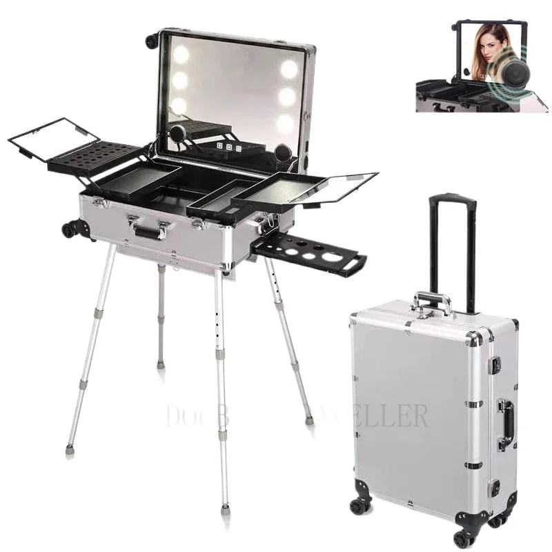 NEW Professional Rolling Cosmetic Case Beauty Makeup Trolley suitcase LED Light Mirror Luggage Aluminum frame Folding table