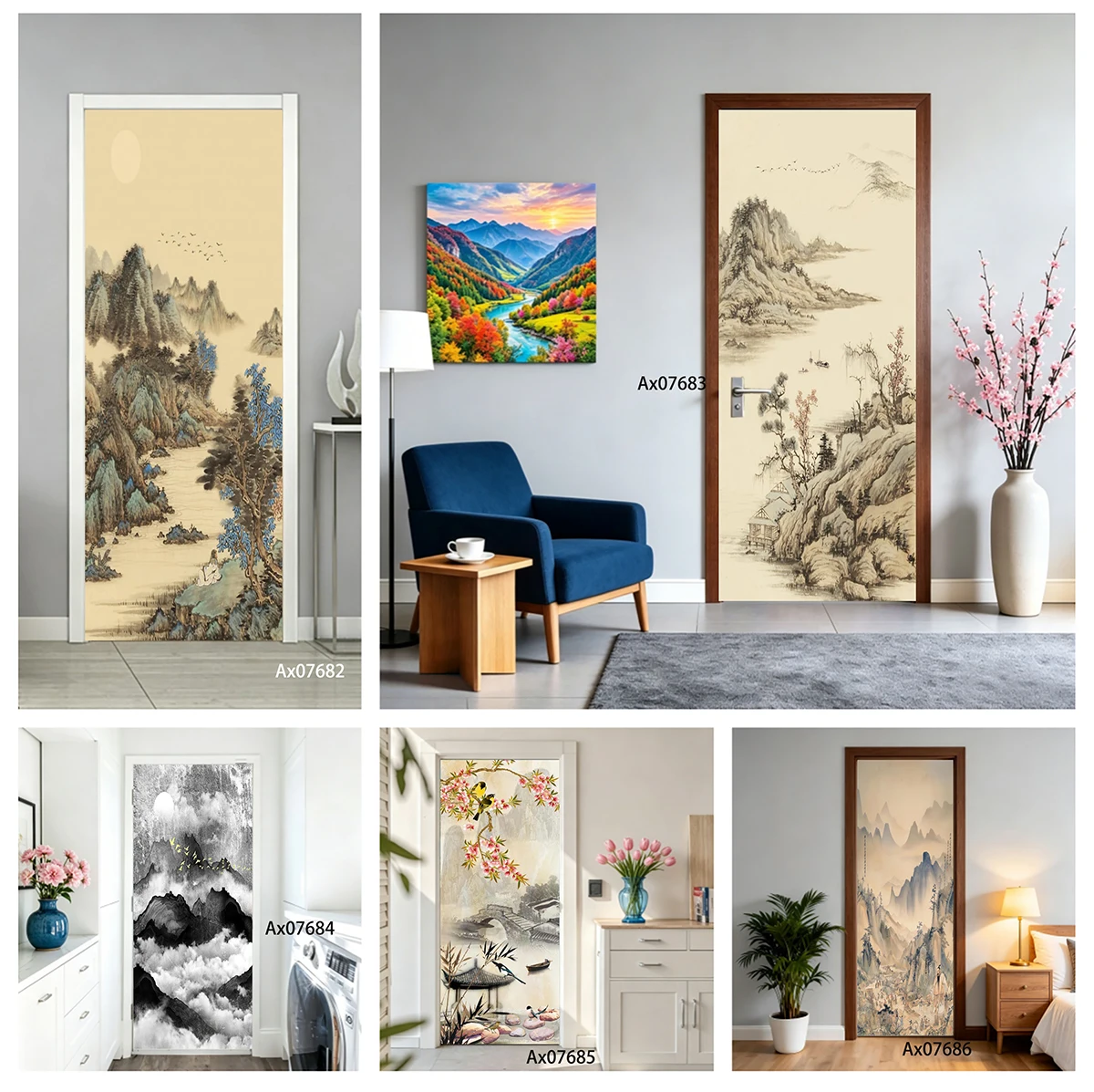 Chinese Ink Landscape Door Decal Waterproof Removable Ancient Shore Painting Home Interior Entry Door Wall Decor Room Makeover