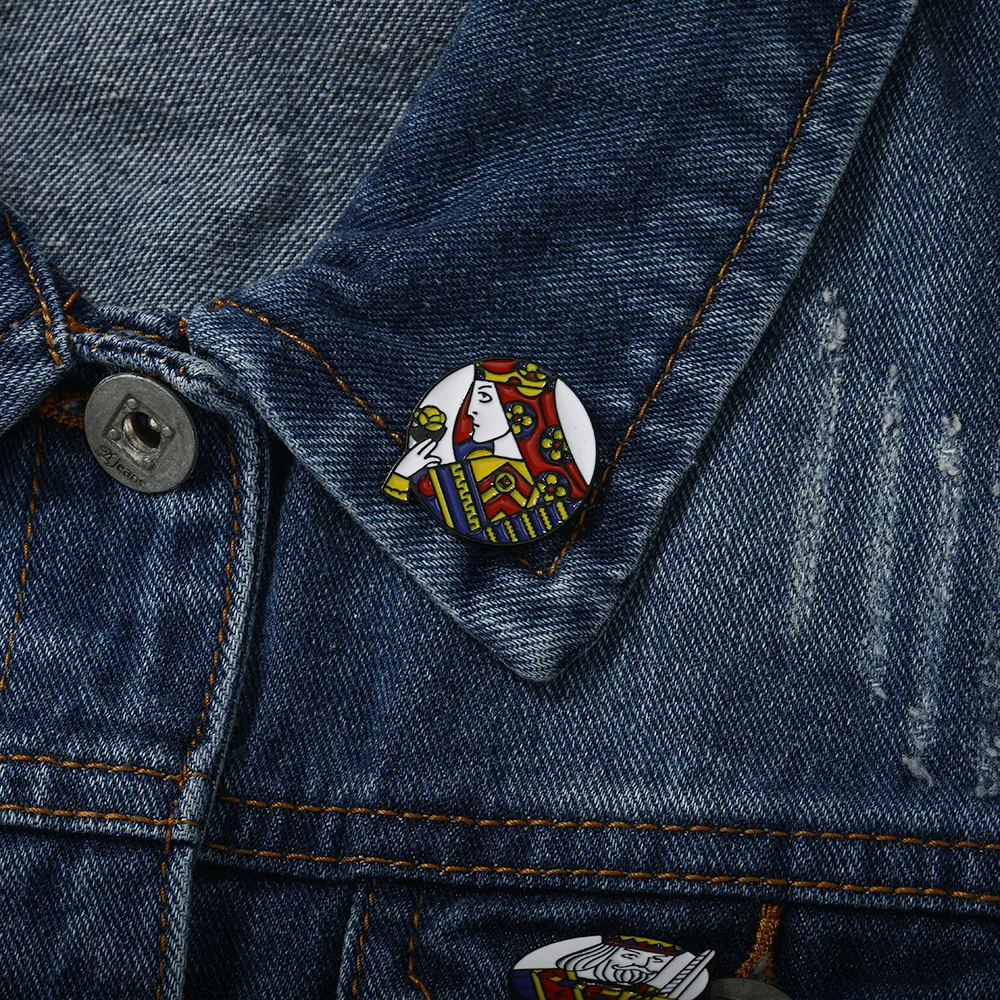 6 Styles Casual Game Heart Spade Diamonds Clubs Shaped Brooches Playing Cards King Queen Enamel Pins For Poker Lovers Badge Gift