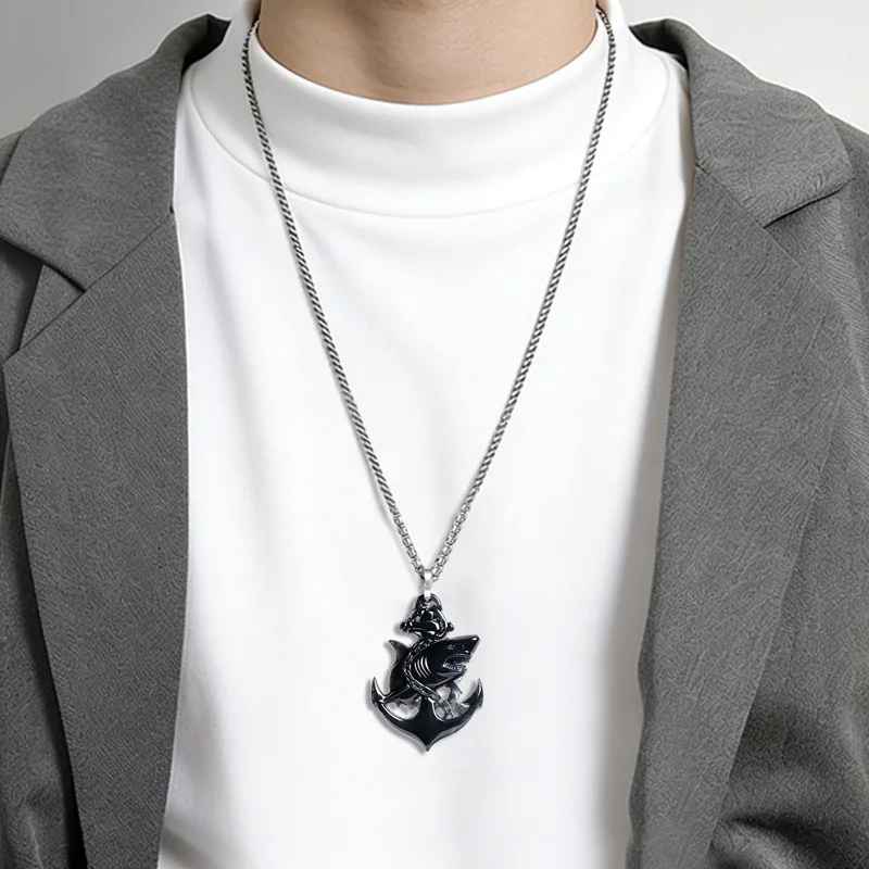 Natural A-grade Jade Shark Anchor Black Chicken Pendant S925 Silver-Plated Hip-Hop Necklace Stylish Dark Jewelry Accessory