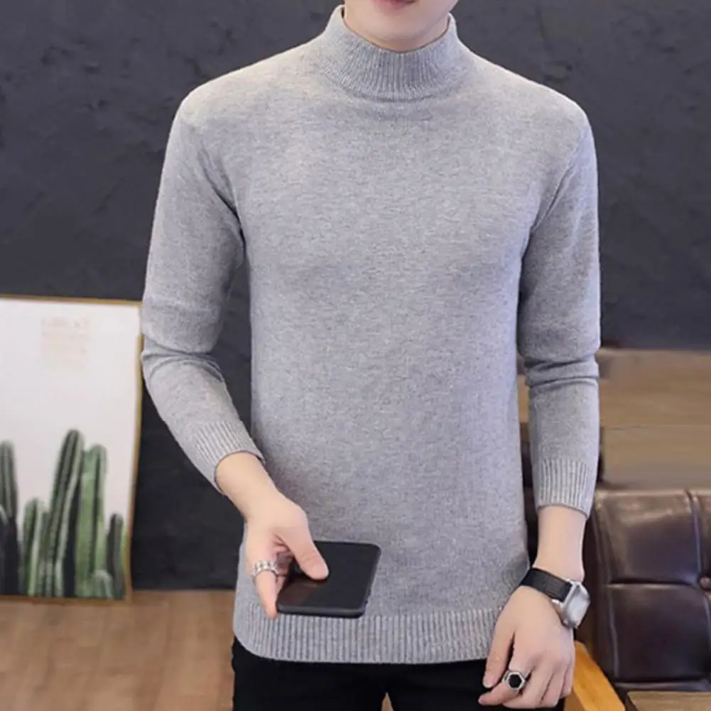 Men Slim Fit Sweater Men's Half-high Collar Knit Sweater with Plush Lining Slim Fit Design for Fall Winter Daily Wear Slim Fit