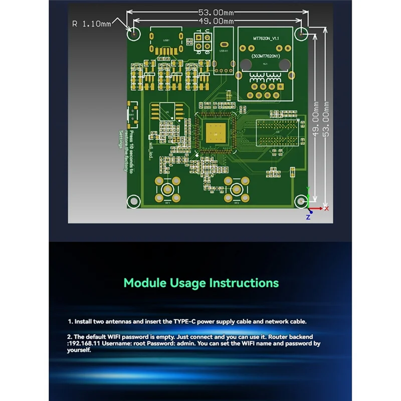 Módulo roteador wi-fi de antena dupla JABS-2.4G 300Mbps Transmissão de vídeo FPV MT7620N Open Source sem fio