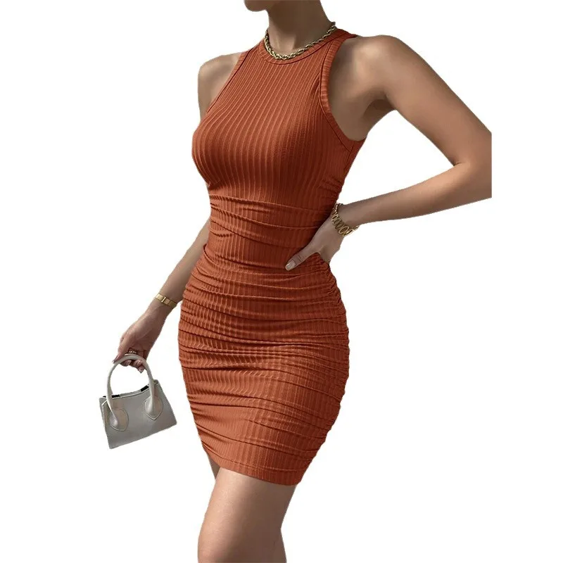 Sexy Stripes Thread Knitting Slim Bodycon Dress Women Sleeveless Solid Color Skinny Mini Dress Elegant Club Party Vestidos