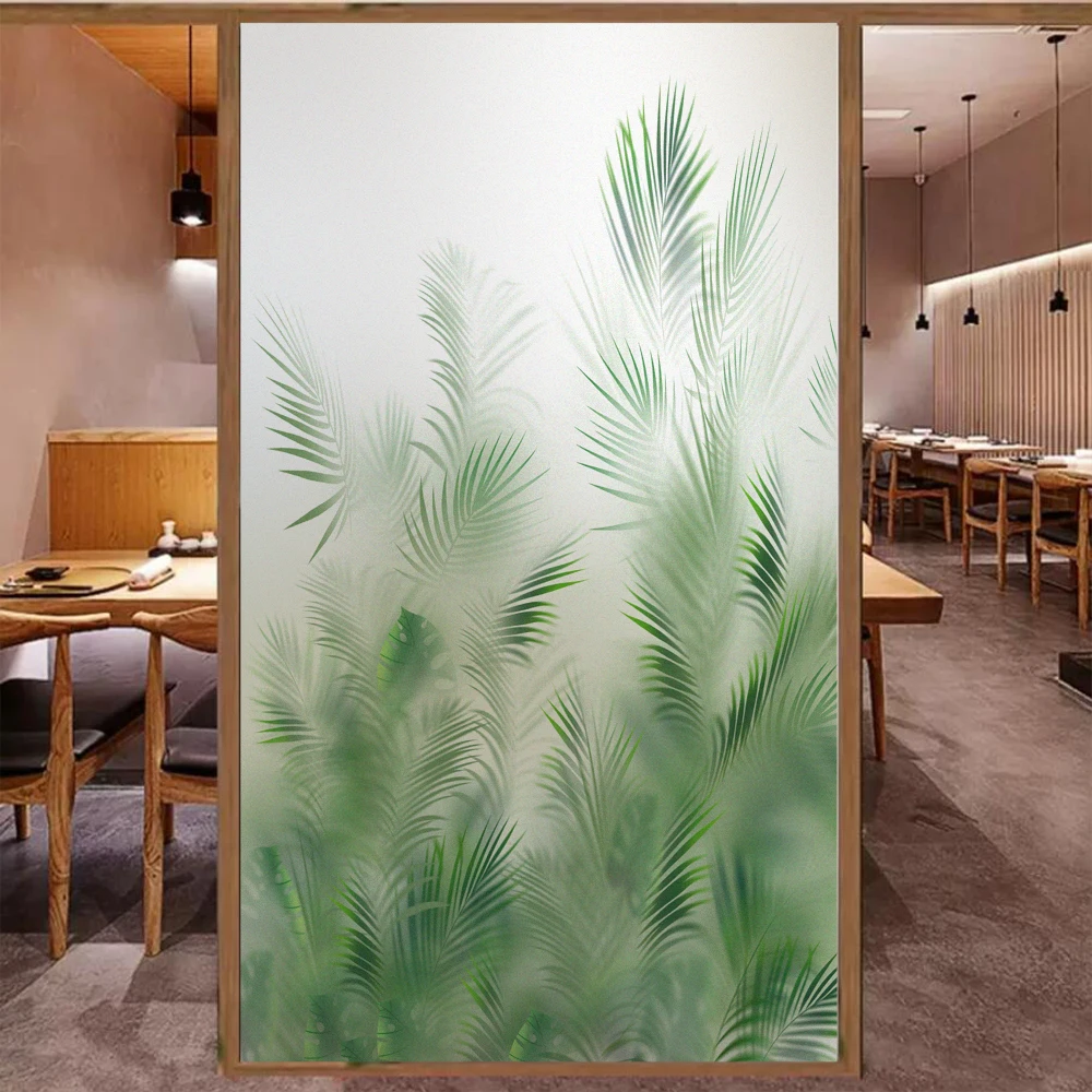 Window Privacy Film UV Blocking Heat Control Window Covering Static Cling Green Plant Pattern Window Sticker for Decoration