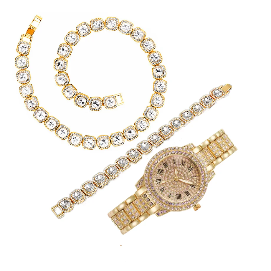 3PCS Iced Out Watch for women Bracelet Necklaces for Men Gold Watch Chain Bling Bling Jewelry for Men Simple Watches reloj mujer