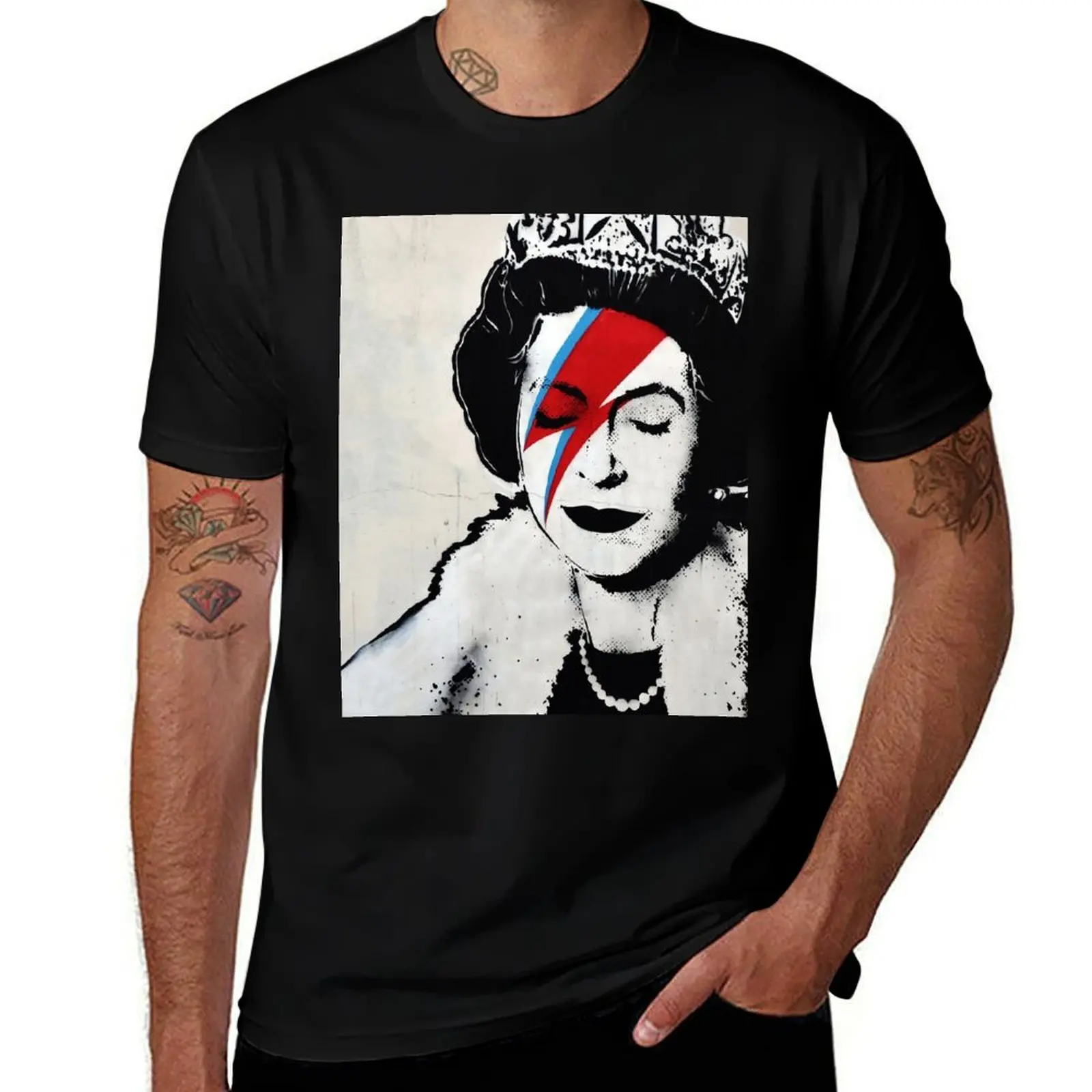 

Banksy UK England Queen Elisabeth rockband face makeup original HD T-Shirt Clothing hippie clothes plain white t shirts men