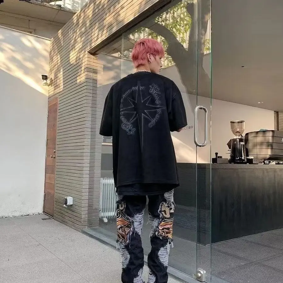 Women Cowgirl Clothing Oversize Washed Men and Women Loose Embroidery Design Jeans Ripped High Street Straight Mopping Trousers