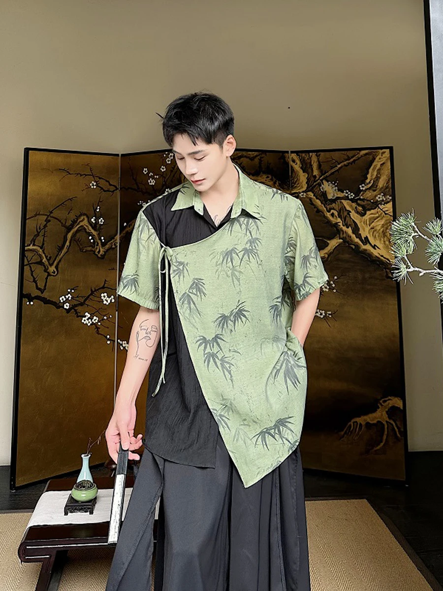 

Летняя новинка: мужская рубашка с коротким рукавом, отложным воротником, в стиле ретро, с цветными блоками и бамбуковым узором, повседневная, дышащая, свободного кроя.