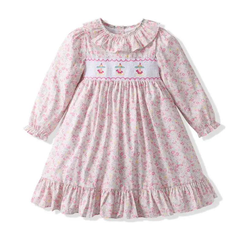 

2025 Flower Baby Girl Smocking Dress Children Sailboat Embroidery Puff Sleeve Dresses Girls Charlotte Princess Smocked Clothes