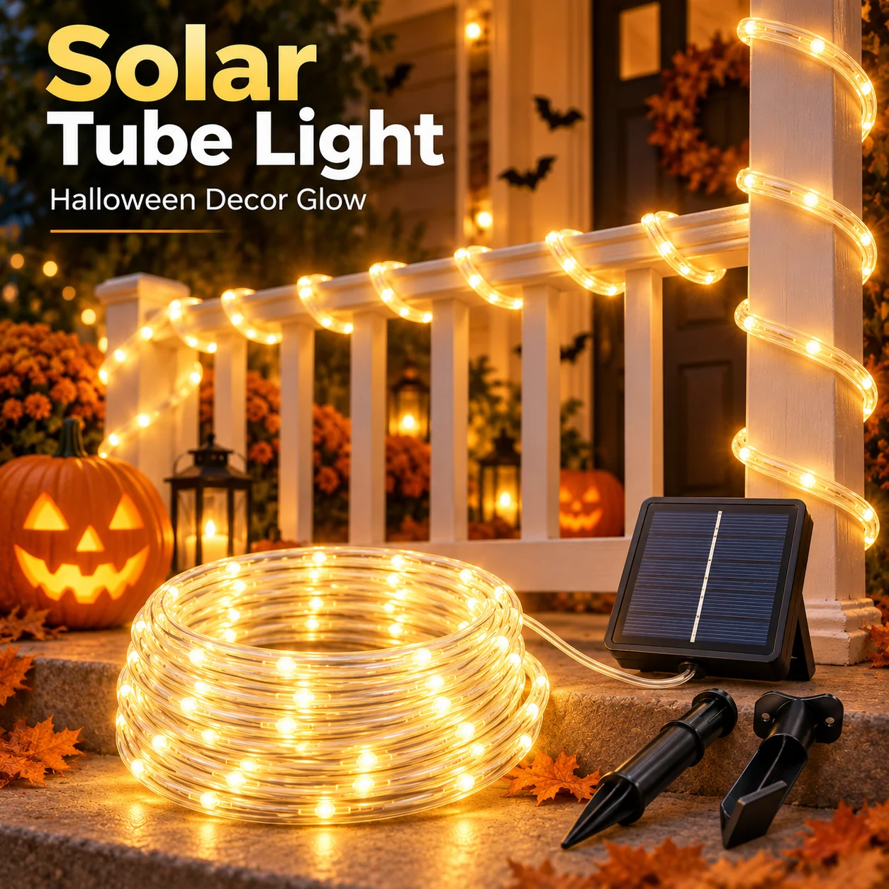 Halloween Lights Solar Tube Rope String Lights 7M/50LED 12M/100LED 17M/150LED 22M/200LED 8 Modes Auto On for Garden Patio Fence