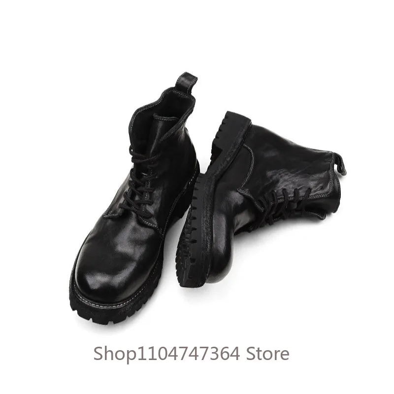 Handcrafted Horsehide Men Ankle Boots Thick Sole Non‑slip Lace‑up Vintage High Top Work Motorcycle Boots Male Genuine Leather