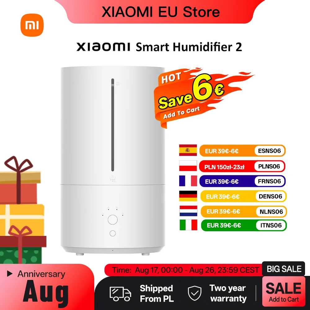 Xiaomi Smart Humidifier 2 Ulepszony Nawilżacz Powietrza 4.5L z Lampą UV-C, Oczyszczacz Powietrza, Tryb Automatyczny, Cichy, do Domu