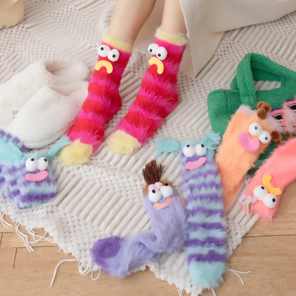 Ugly Cute Funny Mink Velvet Floor Sokcs 5 Pairs Thickened And Warm Cartoon Midtube Socks Women Home Socks Novelty Christmas Sock
