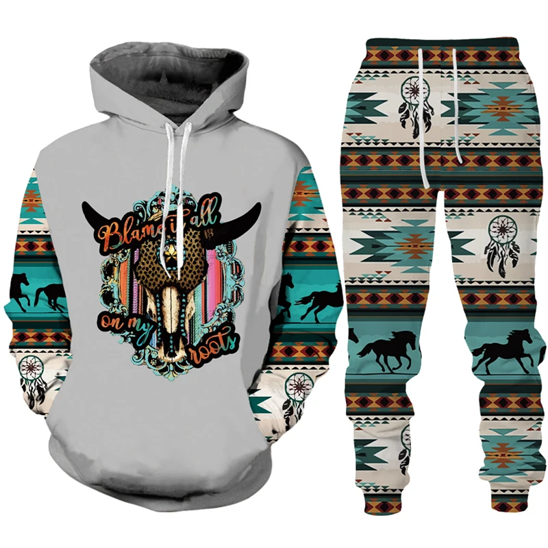 Bohemian Tribe Cow Print Hoodie 2Pcs Sets 3D Man/Women Hooded Sweatshirt Pant Set Spring Autumn Unisex Streetwear Men\'s Clothing