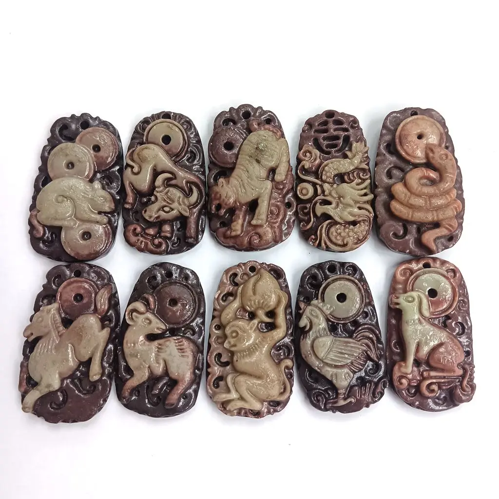 

10 Piece Mascot Nature Colorful Jade Pendant Amulet Chinese Zodiac Signs Animal Years Hanging