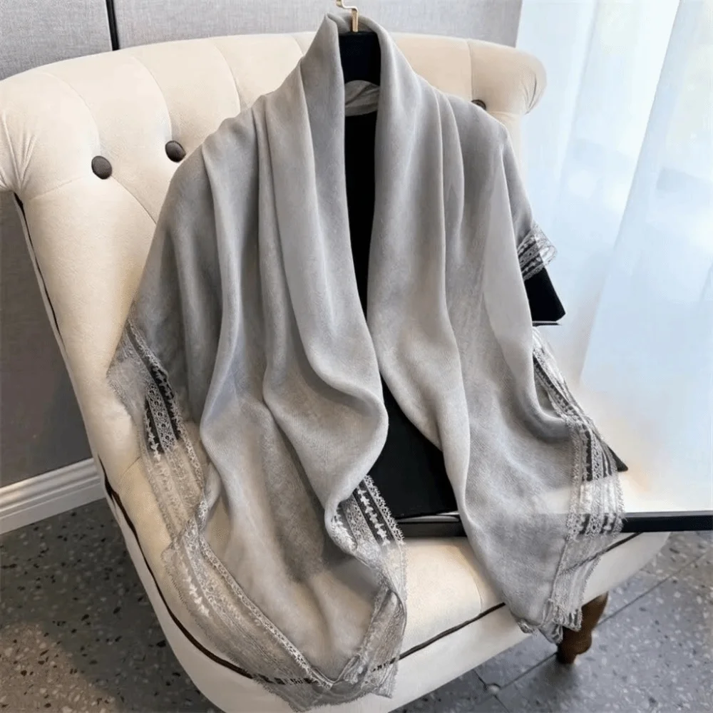 Elegant Solid Color Square Silk Scarf Polyester Lace Bandana Scarf Neckerchief Scarf Oversides Hijab Scarf Women