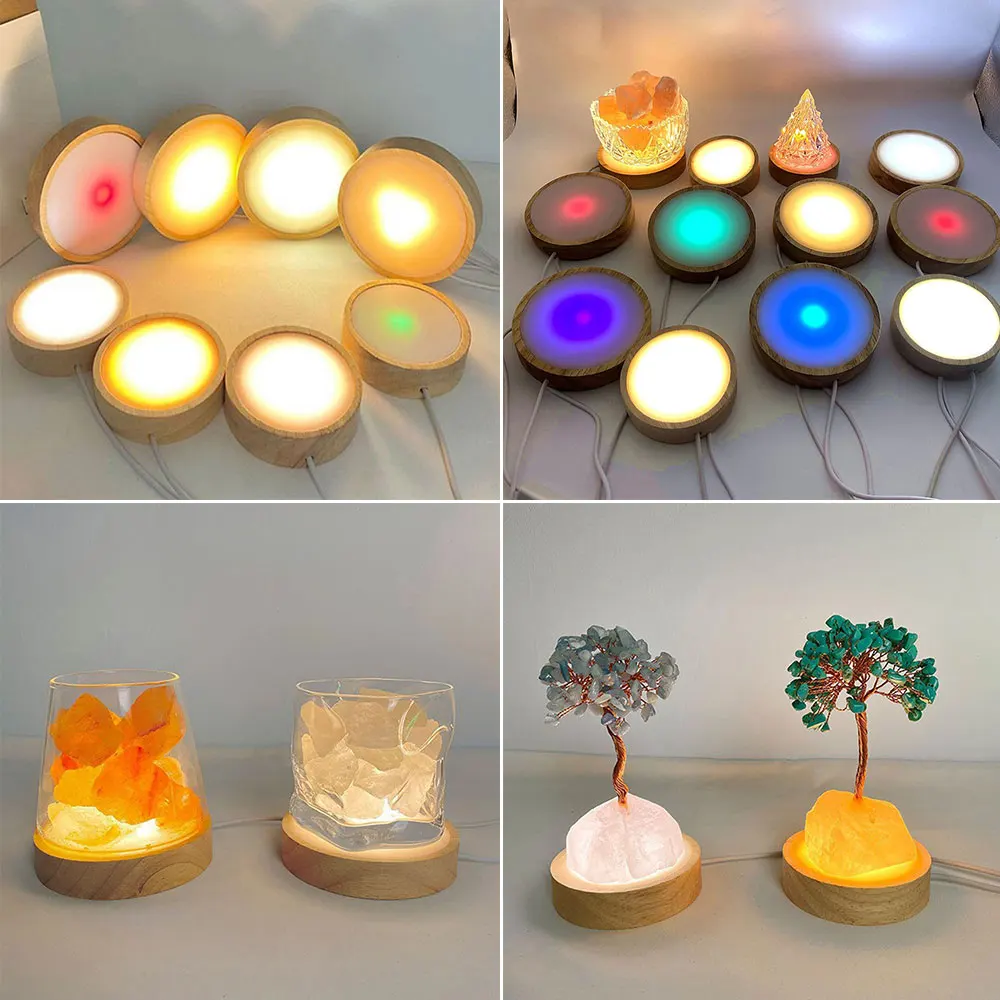 3 Color Solid Wood LED Light Rotating Display Stand Lamp Holder USB Luminous Base Night Light Art Ornament Decoration