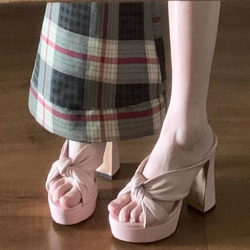 

Elegant Bow Design Women's Thick Heel Casual Slippers 2025 New Summer Open Toe Breathable Comfortable Fashion Beach High Sandals