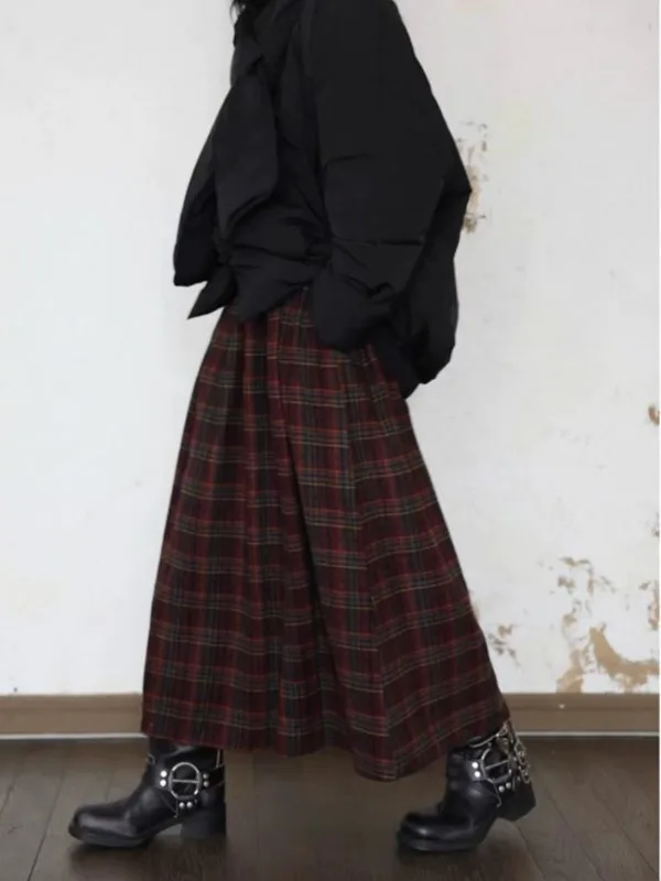 Retro-roter karierter Woll-A-Linien-Midirock für Damen, hohe Taille, lockere Passform, Ci-Pendlerwärme, Markenanhänger, entfernt Rock