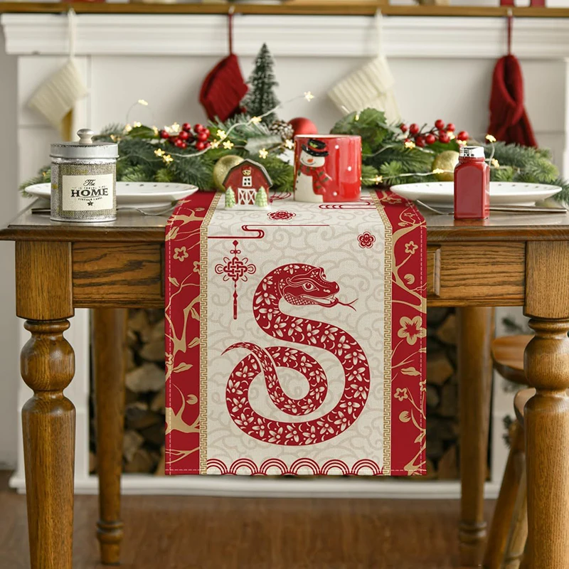 Double Snake Chinese New Year Linen Table Runner Happy New Year's Day Decorations for Home Spring Festival Supplies Table Flag