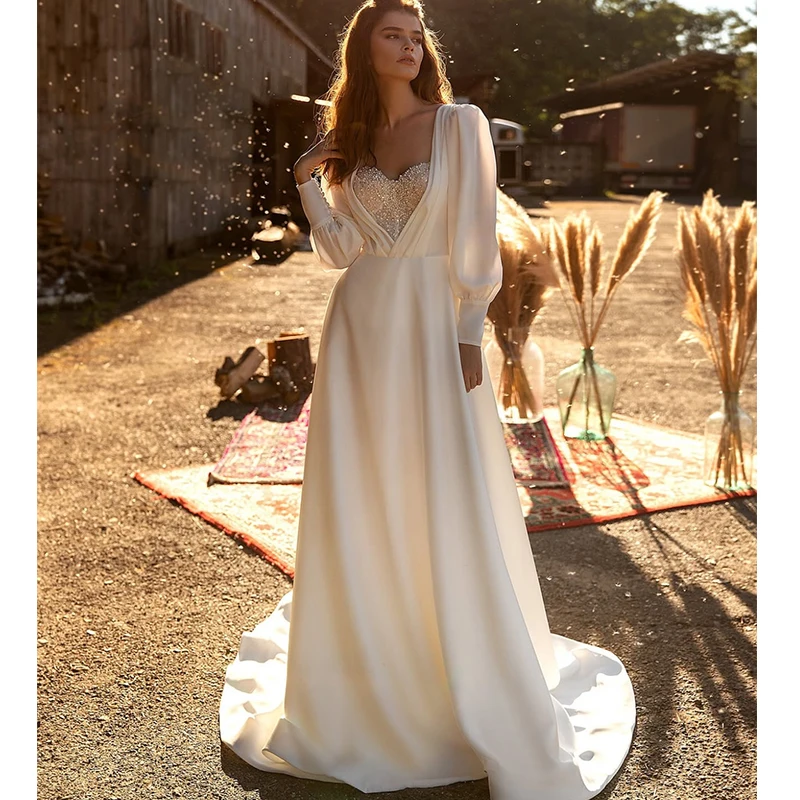

Charming Wedding Dress Chiffon With Beading Satin Ball Gown A-Line Sweetheart Square Collar Puff Sleeves Customized Bride Dress