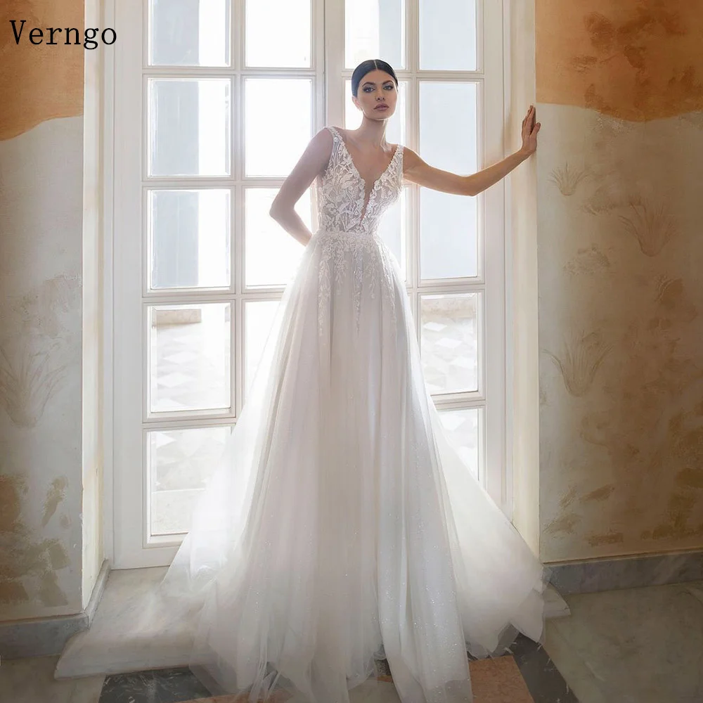 

Verngo lvory Tulle Appliques Wedding Dress Spaghetti Straps A Line V Neck Bridal Gowns For Women Bcackless Timeless Bride Dress