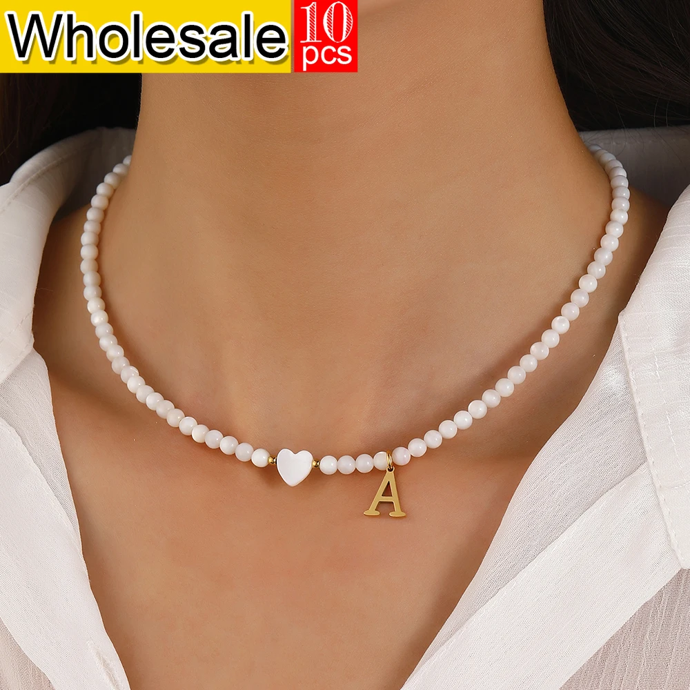 

10PCS Bohemian style women's necklace with white heart-shaped shell beaded A-Z initials pendant accessories wholesale jewelry